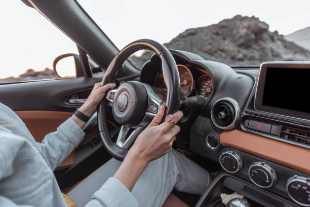 istock Driving car on the desert road 1203913130