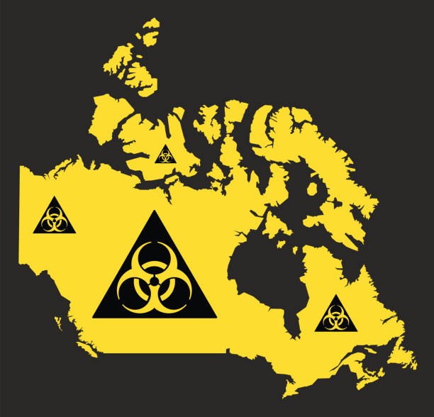 kanada karte mit biohazard virus zeichen abbildung in schwarz und gelb - toxic waste biochemical warfare biohazard symbol dirty stock-grafiken, -clipart, -cartoons und -symbole