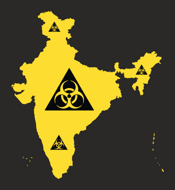 illustrations, cliparts, dessins animés et icônes de carte de l'inde avec l'illustration de signe de virus de biohazard en noir et jaune - toxic waste biochemical warfare biohazard symbol dirty