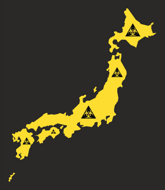 ilustrações, clipart, desenhos animados e ícones de mapa do japão com ilustração de sinal de vírus biohazard em preto e amarelo - toxic waste biochemical warfare biohazard symbol dirty