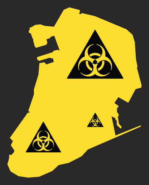 macau karte mit biohazard virus zeichen abbildung in schwarz und gelb - toxic waste biochemical warfare biohazard symbol dirty stock-grafiken, -clipart, -cartoons und -symbole