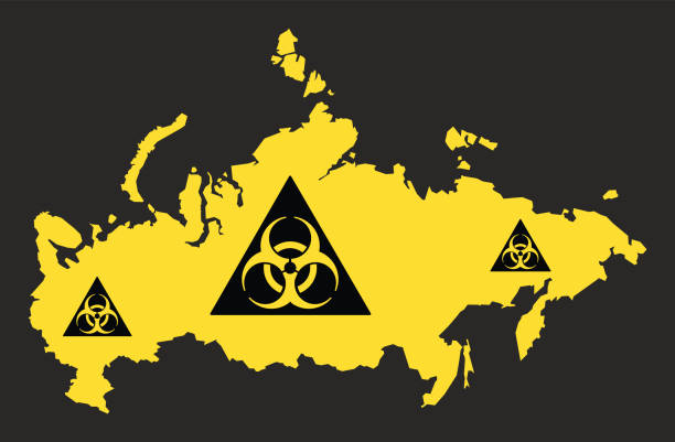 russland karte mit biohazard virus zeichen abbildung in schwarz und gelb - toxic waste biochemical warfare biohazard symbol dirty stock-grafiken, -clipart, -cartoons und -symbole