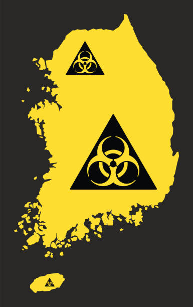 illustrations, cliparts, dessins animés et icônes de carte de corée du sud avec l'illustration de signe de virus de biohazard en noir et jaune - toxic waste biochemical warfare biohazard symbol dirty