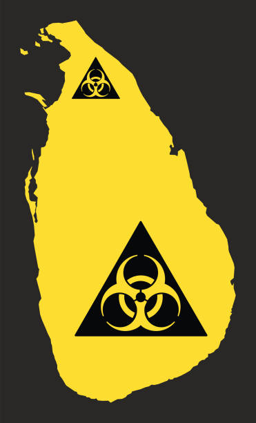 sri lanka karte mit biohazard virus zeichen abbildung in schwarz und gelb - toxic waste biochemical warfare biohazard symbol dirty stock-grafiken, -clipart, -cartoons und -symbole