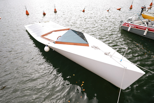 Helsinki,Finland,29 September 2019:The boat with solar battery in dock in Helsinki