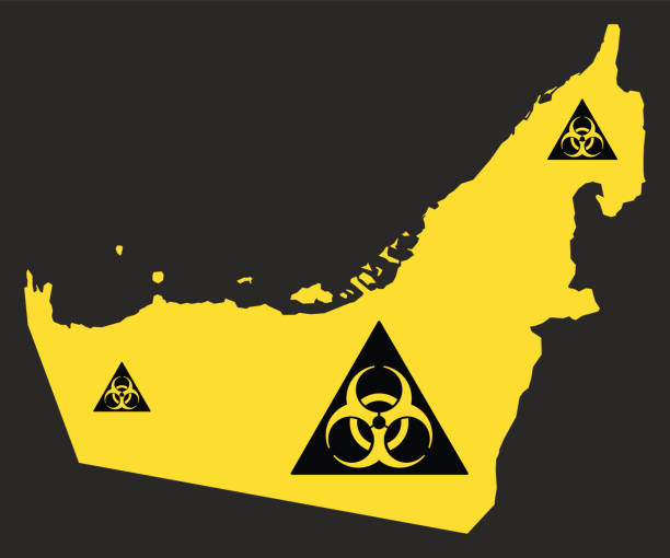 illustrations, cliparts, dessins animés et icônes de carte des émirats arabes unis avec l'illustration de signe de virus de biohazard en noir et jaune - toxic waste biochemical warfare biohazard symbol dirty