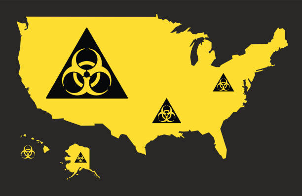 ilustrações, clipart, desenhos animados e ícones de mapa dos eua com ilustração de sinal de vírus biohazard em preto e amarelo - toxic waste biochemical warfare biohazard symbol dirty