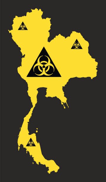 thailand karte mit biohazard virus zeichen abbildung in schwarz und gelb - toxic waste biochemical warfare biohazard symbol dirty stock-grafiken, -clipart, -cartoons und -symbole