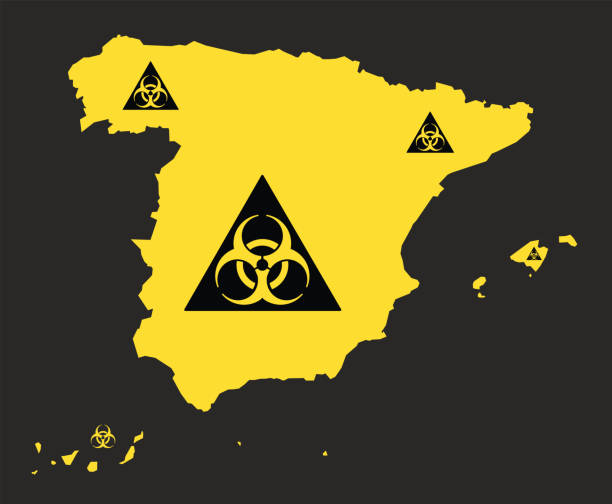 spanien karte mit biohazard virus zeichen abbildung in schwarz und gelb - toxic waste biochemical warfare biohazard symbol dirty stock-grafiken, -clipart, -cartoons und -symbole