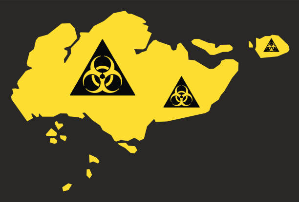 singapur karte mit biohazard virus zeichen abbildung in schwarz und gelb - toxic waste biochemical warfare biohazard symbol dirty stock-grafiken, -clipart, -cartoons und -symbole