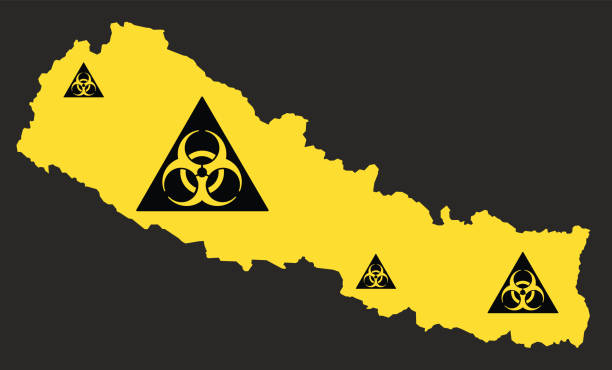 nepal karte mit biohazard virus zeichen abbildung in schwarz und gelb - toxic waste biochemical warfare biohazard symbol dirty stock-grafiken, -clipart, -cartoons und -symbole