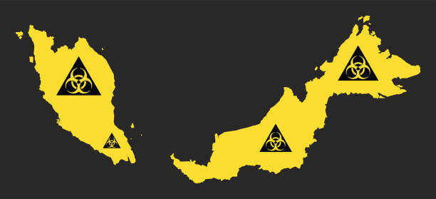 malaysia karte mit biohazard virus zeichen abbildung in schwarz und gelb - toxic waste biochemical warfare biohazard symbol dirty stock-grafiken, -clipart, -cartoons und -symbole