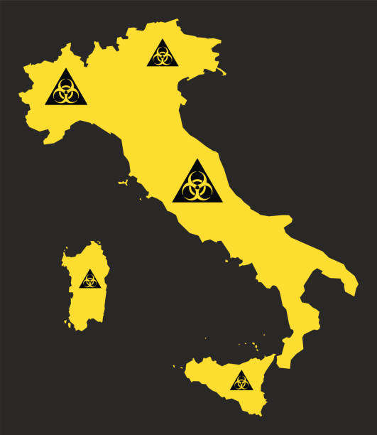 italien karte mit biohazard virus zeichen abbildung in schwarz und gelb - toxic waste biochemical warfare biohazard symbol dirty stock-grafiken, -clipart, -cartoons und -symbole