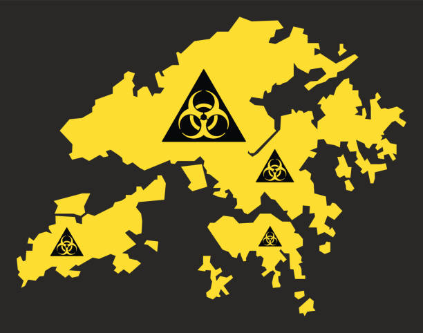 hongkong karte mit biohazard virus zeichen abbildung in schwarz und gelb - toxic waste biochemical warfare biohazard symbol dirty stock-grafiken, -clipart, -cartoons und -symbole