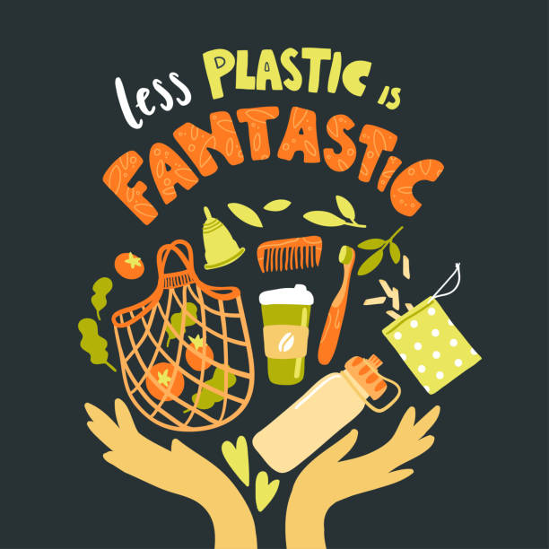 plakat wektorowy z ręcznie rysowanymi elementami życia zero waste. mniej plastiku jest fantastyczne. - plastic bag bag transparent plastic stock illustrations