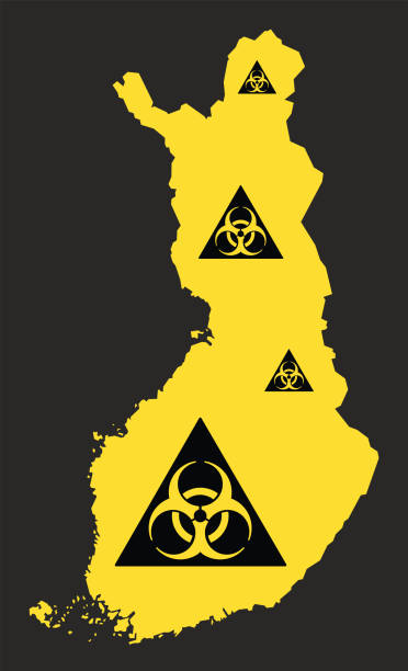 illustrations, cliparts, dessins animés et icônes de carte de finlande avec l'illustration de signe de virus de biohazard en noir et jaune - toxic waste biochemical warfare biohazard symbol dirty