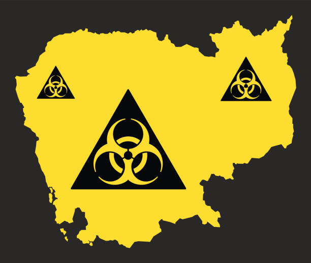 ilustrações, clipart, desenhos animados e ícones de mapa do camboja com ilustração de sinal de vírus biohazard em preto e amarelo - toxic waste biochemical warfare biohazard symbol dirty