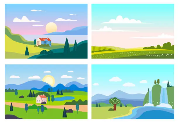 Vector illustration of Set Summer sunset seaside landscapes. Sea ocean nature hills fields mountains blue sky clouds sun house farm countryside. Waterfall rocks trees and grass rural land. Flat cartoon trendy style vector illustration