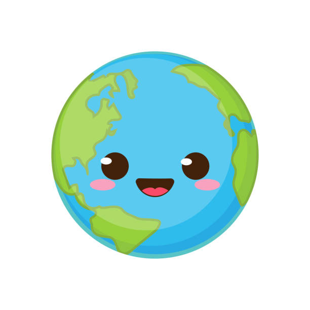 Cartoon cute Earth planet character Cute Earth character. Green and blue planet. Save Earth day. Funny emoticon in flat style. Cartoon emoji vector illustration cartoon earth happy planet stock illustrations