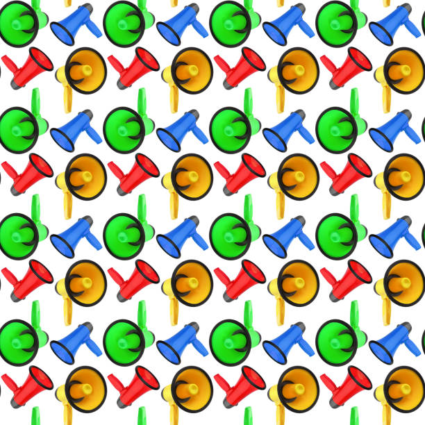 흰색 배경에 화려한 메가 폰의 원활한 패턴은 닫아 고립, 라우드 스피커 배경 디자인, 라우드 헤일러 장식 벽지, 발표, 광고 기호, 미디어 또는 통신 기호 - red bauble audio 뉴스 사진 이미지