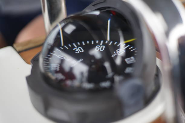 Close-up of ship compass on sailing boat stock photo