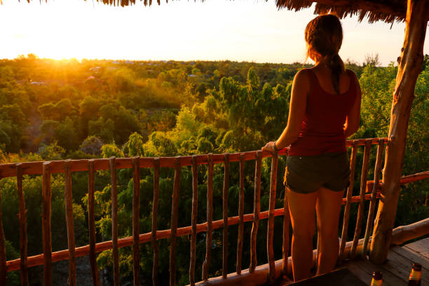 istock caucasian woman looking at sunset from a tree house 1203924090
