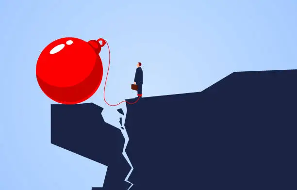 Vector illustration of Cracks and crises, the huge iron ball tied to the businessman's leg caused the mountain to crash