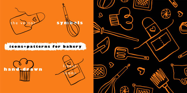 Bakery vector symbol with gastronomic seamless pattern. Doodle background for restaurant branding. Hand-drawn illustrations of bakehouse. Linear icons for emblem of cooking class. Cooking food pattern. cooking drawings stock illustrations