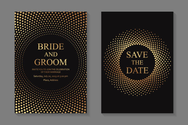 Set of modern geometric luxury wedding invitation design or card templates for business or presentation or greeting. Set of two cards with golden dots in halftone circles on a black background. thank-you-gold-greeting-card stock illustrations
