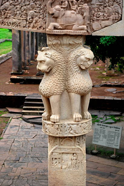 Toran Dwar, Sanchi Stupa # 1, Sanchi, Madhya Pradesh Carved details on Toran Dwar, Sanchi, Madhya Pradesh, India. The stupa was vandalized at one point, sometime in the second century BCE, an event some have related to the rise of the Sunga emperor Pusyamitra Sunga. It has been suggested that Pushyamitra stupa stock pictures, royalty-free photos & images