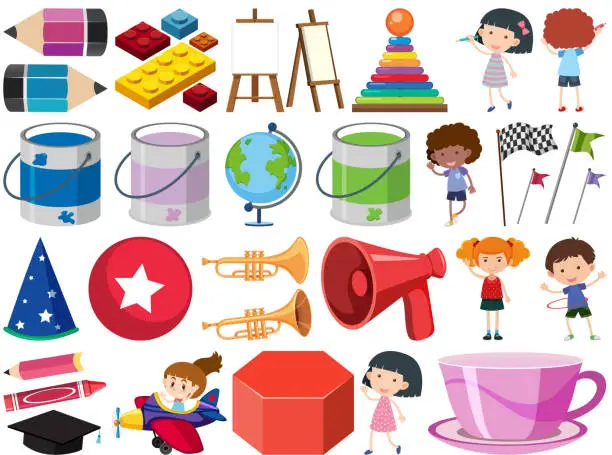 Vector illustration of Set of isolated objects theme stationeries and kids