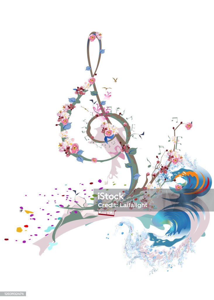 Abstract Treble Clef Abstract Treble Clef Decorated With Summer And Spring Flowers Palm ...