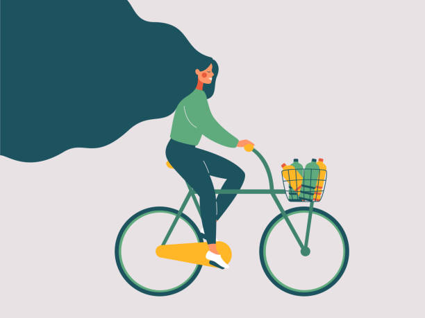Young smiling woman with long hair riding bicycle with plastic bottles for recycling Young smiling woman with long hair riding bicycle with plastic bottles for recycling in front basket. Concept of Green lifestyle, environment preservation. Flat vector illustration. drinking water illustrations stock illustrations