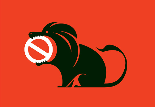 vector illustration of angry lion with stop warning symbol