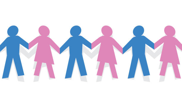 Symbol of union and cohesion between genres, with a human chain of cut paper. Concept of solidarity between men and women, with a mixed human chain made of cut paper, showing characters holding hands to assert their unity. gender equality stock illustrations