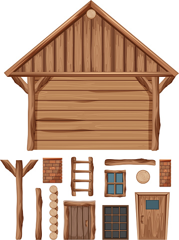 Wooden cottage and set of windows and doors illustration