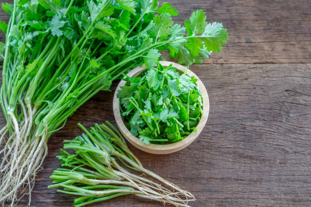 istock fresh green parsley leaves, root ,slice on wooden table 1203939058