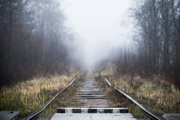 istock Empty foggy railway perspective 1203941034