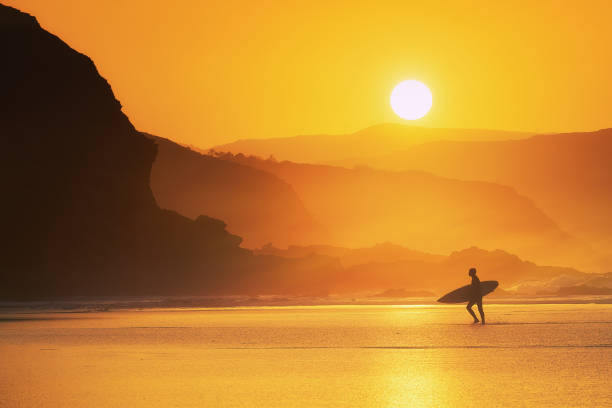 istock surfer exiting water at misty sunset 1203944398