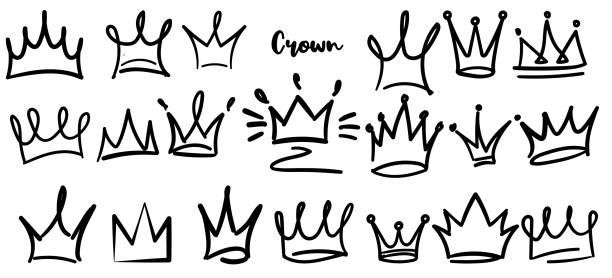 illustrations, cliparts, dessins animés et icônes de ensemble de la couronne. couronnes dessinées à la main ensemble d'isolement sur le fond blanc pour l'icône de reine, symbole de diadème de princesse, illustration de griffonnage, élément de pop art, beauté et concept d'achats de mode. icône de cour - couronne couvre chef