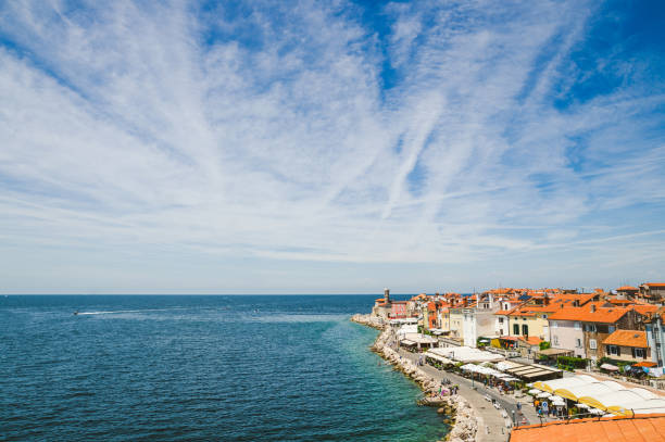 Aerial view on Piran town, Slovenia. Piran is a town in southwestern Slovenia on the Gulf of Piran on the Adriatic Sea. It is one of the three major towns of Slovenian Istria. The town has much medieval architecture, with narrow streets and compact houses. Piran is the administrative centre of the local area and one of Slovenia's major tourist attractions.
