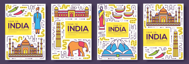 ilustrações de stock, clip art, desenhos animados e ícones de india vector brochure cards thin line set - lotus mahal