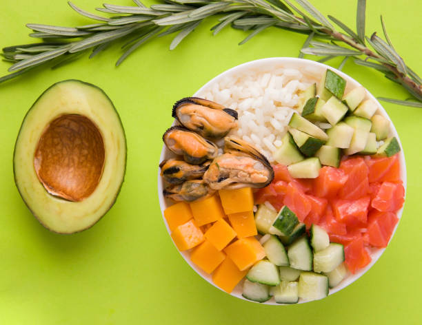 istock poke salad on a green background close-up 1203950637