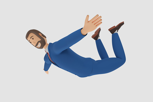 Cartoon character, businessman in suit flying. Concept success in a startup. 3d rendering