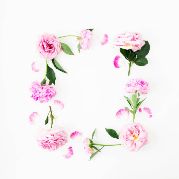 istock Floral frame of pink flowers on white background. Flat lay, top view. Spring composition 1203956093