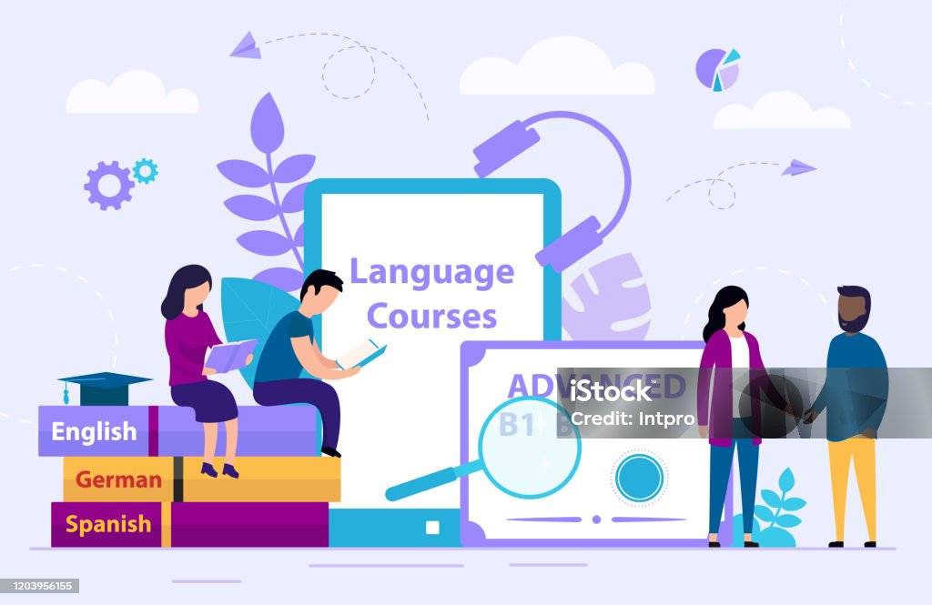 Language Learning Process Cartoon Language Courses Concept Tiny People Are Learning Foreign Languages ...