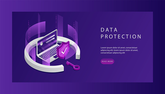 Isometric Personal Data Protection Web Banner Concept. Landing Page Template. Cyber Security and Privacy. Traffic Encryption, VPN, Privacy Protection Antivirus. Vector illustration.
