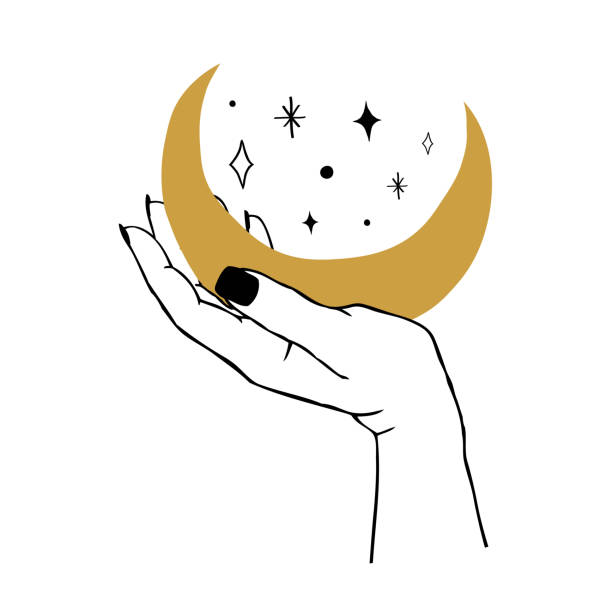 istock Vector illustration of women's hand holding Moon and stars. Trendy linear and minimal boho tattoo style for symbol, emblem, t-shirt fashion print, stickers, skin care or cosmetics branding 1203956840