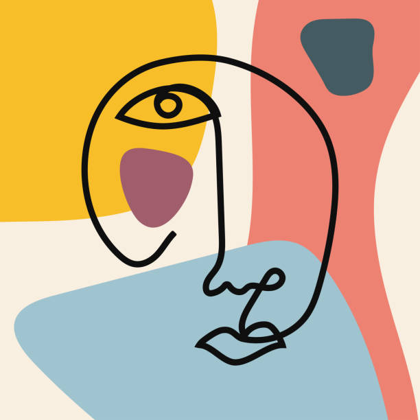 ilustrações de stock, clip art, desenhos animados e ícones de sketch of continuous human face on colored background with abstract shapes. modern vector illustration. - logótipo ilustrações