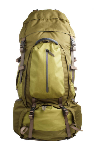 istock Slightly used large green touristic backpack isolated on white background 1203960349
